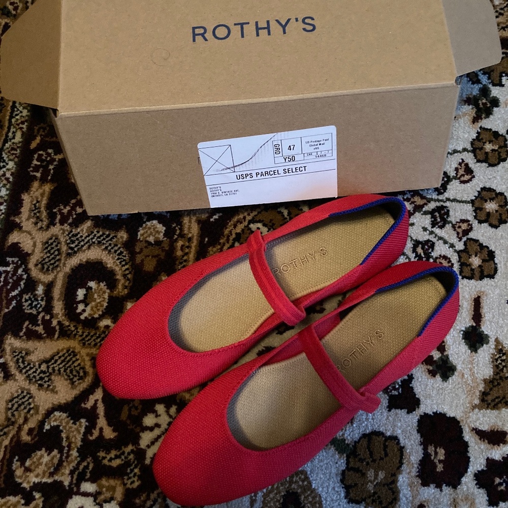 Rothy’s red mary janes, rounded square-toe